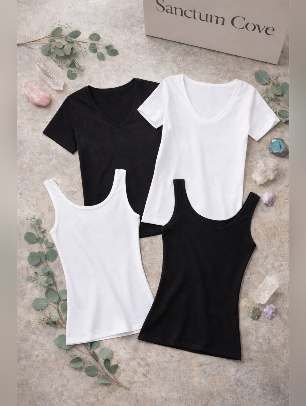 Active USA Basic Black & White Cotton Blend Tee and Rayon Blend Tank 4 Piece Set